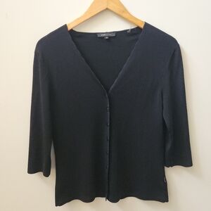 BCBG Max Azria Black Ribbed Button Up Top Scalloped Neck 3/4 Sleeve Medium